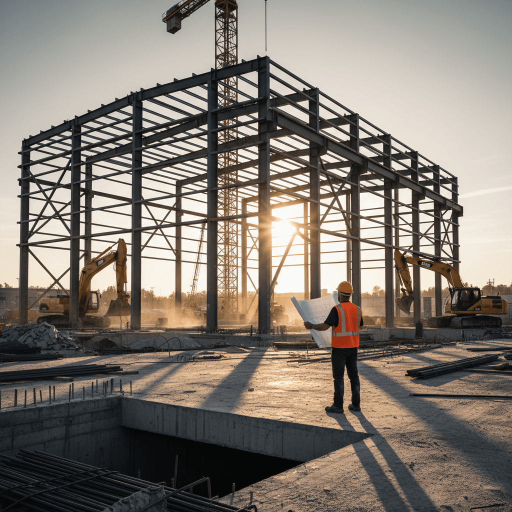 Construction site with steel framework and engineer reviewing plans
