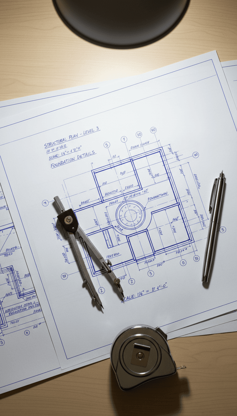 Engineering blueprint with technical specifications and surveying tools