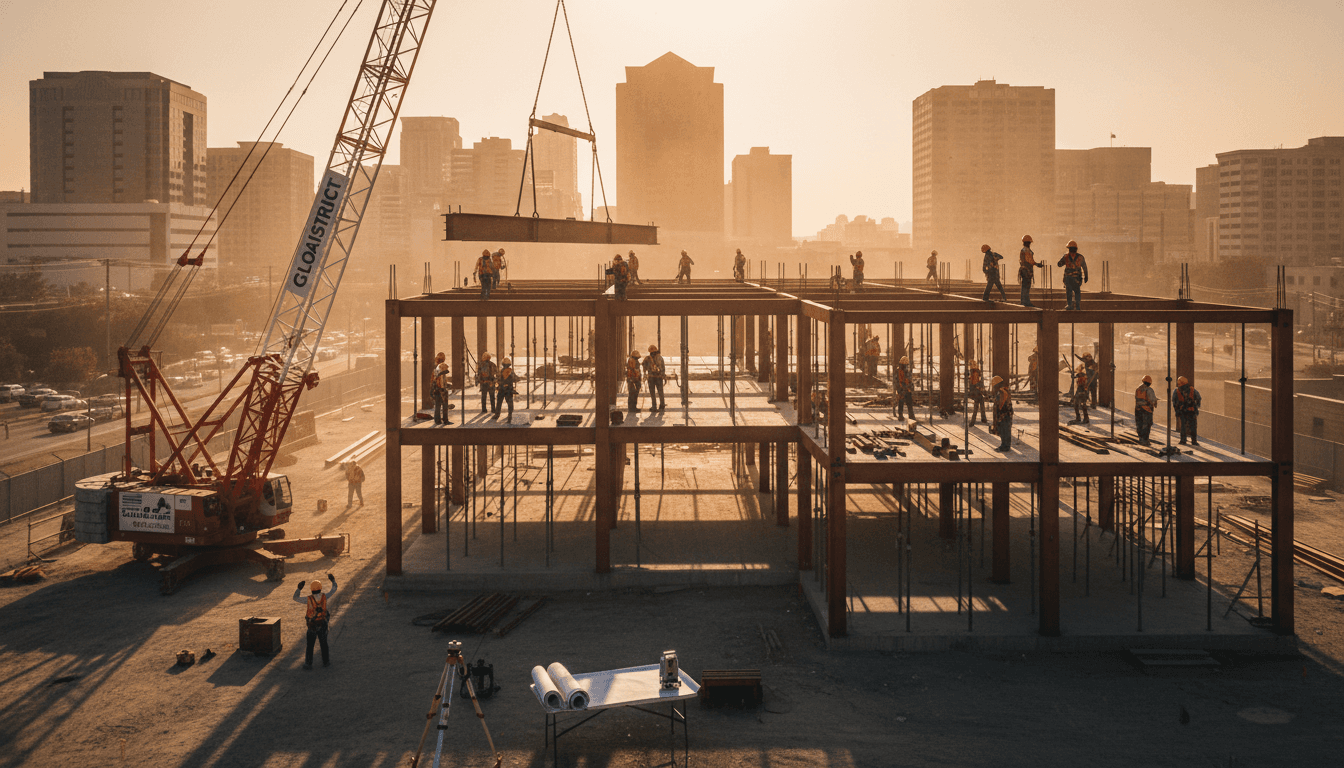 Mobile crane on active civil engineering construction site