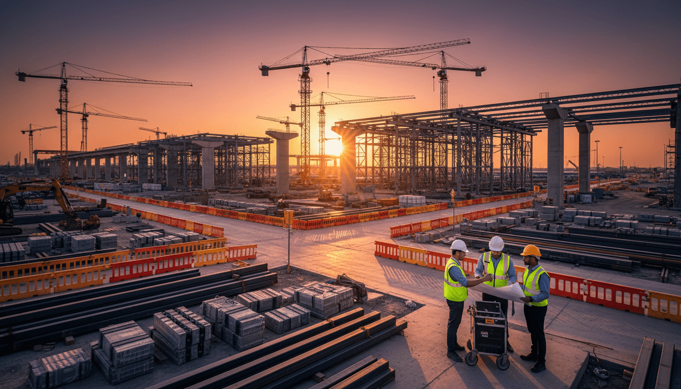 Civil engineering construction site with steel framework