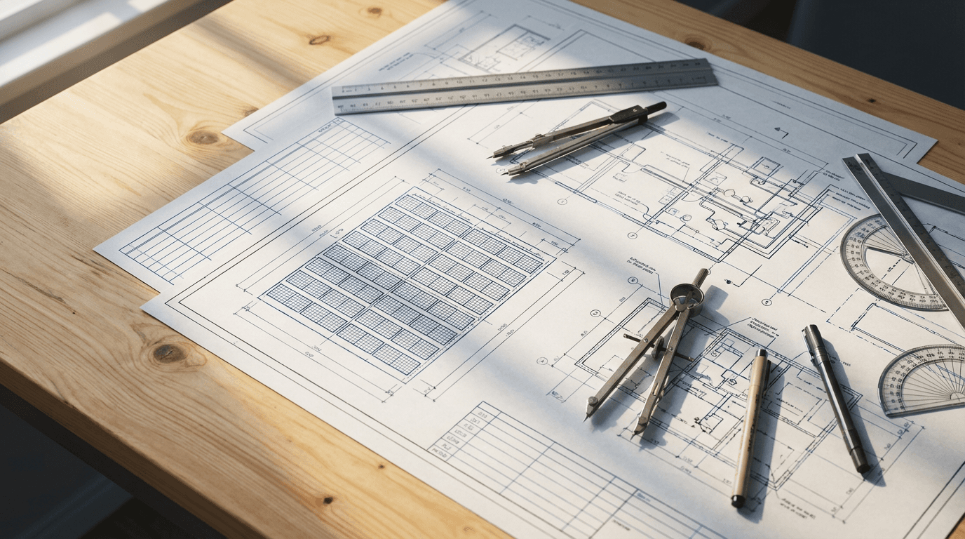 Engineer reviewing detailed construction blueprint on site