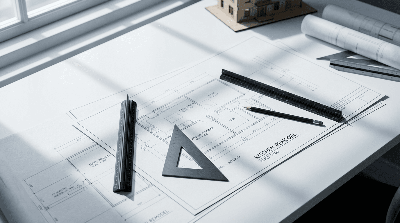 Engineering team reviewing construction blueprints and technical plans