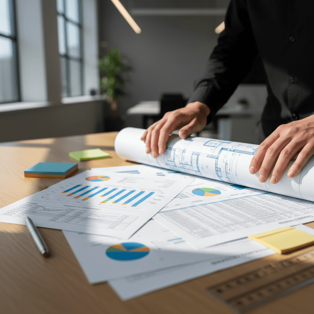 Engineering consultation with project blueprint and technical discussion